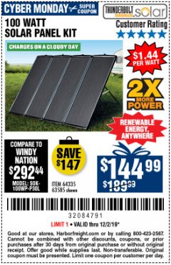 Harbor Freight Coupon THUNDERBOLT SOLAR 100 WATT AMORPHOUS SOLAR PANEL KIT Lot No. 63585 Expired: 12/1/19 - $144.99
