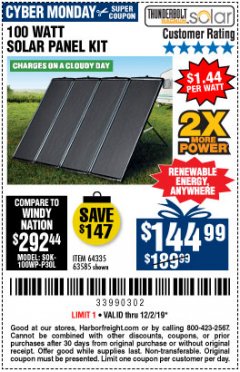 Harbor Freight Coupon THUNDERBOLT SOLAR 100 WATT AMORPHOUS SOLAR PANEL KIT Lot No. 63585 Expired: 12/2/19 - $144.99