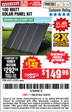 Harbor Freight Coupon THUNDERBOLT SOLAR 100 WATT AMORPHOUS SOLAR PANEL KIT Lot No. 63585 Expired: 12/8/19 - $149.99
