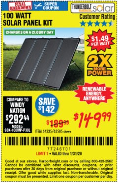 Harbor Freight Coupon THUNDERBOLT SOLAR 100 WATT AMORPHOUS SOLAR PANEL KIT Lot No. 63585 Expired: 1/31/20 - $149.99