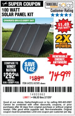 Harbor Freight Coupon THUNDERBOLT SOLAR 100 WATT AMORPHOUS SOLAR PANEL KIT Lot No. 63585 Expired: 2/7/20 - $149.99