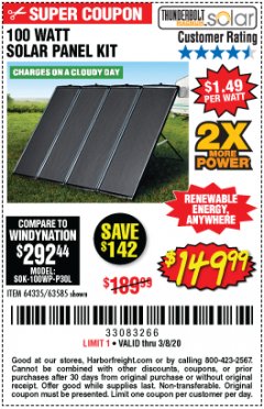 Harbor Freight Coupon THUNDERBOLT SOLAR 100 WATT AMORPHOUS SOLAR PANEL KIT Lot No. 63585 Expired: 2/8/20 - $149.99