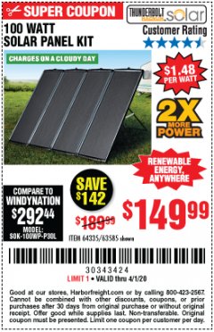 Harbor Freight Coupon THUNDERBOLT SOLAR 100 WATT AMORPHOUS SOLAR PANEL KIT Lot No. 63585 Expired: 4/1/20 - $149.99