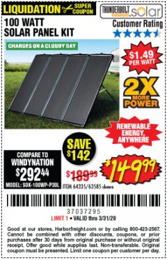 Harbor Freight Coupon THUNDERBOLT SOLAR 100 WATT AMORPHOUS SOLAR PANEL KIT Lot No. 63585 Expired: 3/31/20 - $149.99