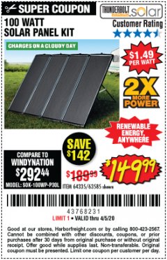 Harbor Freight Coupon THUNDERBOLT SOLAR 100 WATT AMORPHOUS SOLAR PANEL KIT Lot No. 63585 Expired: 6/30/20 - $149.99