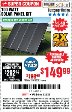 Harbor Freight Coupon THUNDERBOLT SOLAR 100 WATT AMORPHOUS SOLAR PANEL KIT Lot No. 63585 Expired: 3/22/20 - $149.99