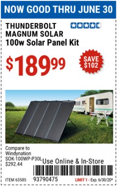 Harbor Freight Coupon THUNDERBOLT SOLAR 100 WATT AMORPHOUS SOLAR PANEL KIT Lot No. 63585 Expired: 6/30/20 - $189.99