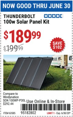 Harbor Freight Coupon THUNDERBOLT SOLAR 100 WATT AMORPHOUS SOLAR PANEL KIT Lot No. 63585 Expired: 6/30/20 - $189.99