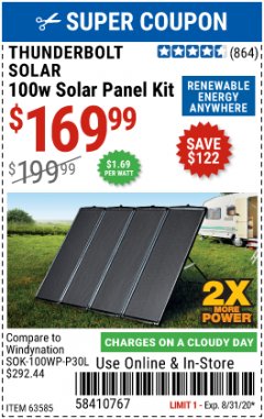Harbor Freight Coupon THUNDERBOLT SOLAR 100 WATT AMORPHOUS SOLAR PANEL KIT Lot No. 63585 Expired: 8/31/20 - $169.99