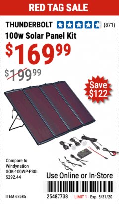 Harbor Freight Coupon THUNDERBOLT SOLAR 100 WATT AMORPHOUS SOLAR PANEL KIT Lot No. 63585 Expired: 8/31/20 - $169.99