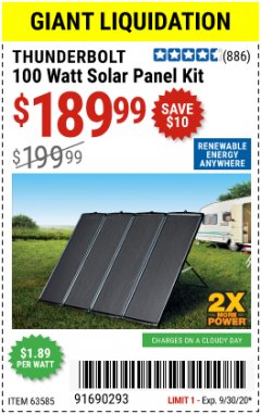 Harbor Freight Coupon THUNDERBOLT SOLAR 100 WATT AMORPHOUS SOLAR PANEL KIT Lot No. 63585 Expired: 9/30/20 - $189.99