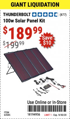 Harbor Freight Coupon THUNDERBOLT SOLAR 100 WATT AMORPHOUS SOLAR PANEL KIT Lot No. 63585 Expired: 9/30/20 - $189.99
