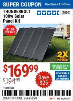 Harbor Freight Coupon THUNDERBOLT SOLAR 100 WATT AMORPHOUS SOLAR PANEL KIT Lot No. 63585 Expired: 12/31/20 - $169.99