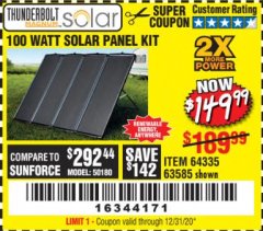 Harbor Freight Coupon THUNDERBOLT SOLAR 100 WATT AMORPHOUS SOLAR PANEL KIT Lot No. 63585 Expired: 12/31/20 - $149.99