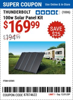 Harbor Freight Coupon THUNDERBOLT SOLAR 100 WATT AMORPHOUS SOLAR PANEL KIT Lot No. 63585 Expired: 12/31/20 - $169.99
