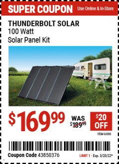 Harbor Freight Coupon THUNDERBOLT SOLAR 100 WATT AMORPHOUS SOLAR PANEL KIT Lot No. 63585 Expired: 3/20/22 - $169.99
