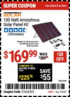 Harbor Freight Coupon THUNDERBOLT SOLAR 100 WATT AMORPHOUS SOLAR PANEL KIT Lot No. 63585 Expired: 7/4/22 - $169.99