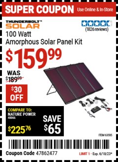 Harbor Freight Coupon THUNDERBOLT SOLAR 100 WATT AMORPHOUS SOLAR PANEL KIT Lot No. 63585 Expired: 6/18/23 - $159.99