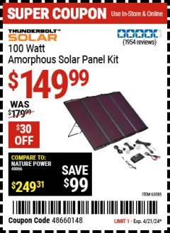 Harbor Freight Coupon THUNDERBOLT SOLAR 100 WATT AMORPHOUS SOLAR PANEL KIT Lot No. 63585 Expired: 4/21/24 - $149.99