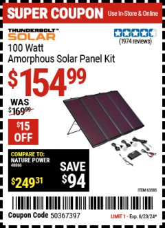 Harbor Freight Coupon THUNDERBOLT SOLAR 100 WATT AMORPHOUS SOLAR PANEL KIT Lot No. 63585 Expired: 6/23/24 - $154.99