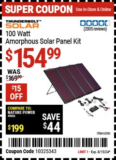 Harbor Freight Coupon THUNDERBOLT SOLAR 100 WATT AMORPHOUS SOLAR PANEL KIT Lot No. 63585 Expired: 8/15/24 - $154.99