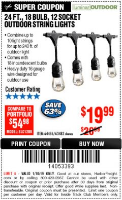 Harbor Freight ITC Coupon 24 FT., 18 BULB, 12 SOCKET OUTDOOR STRING LIGHTS Lot No. 64486/63843/64739 Expired: 1/10/19 - $19.99