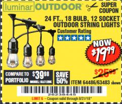 Harbor Freight Coupon 24 FT., 18 BULB, 12 SOCKET OUTDOOR STRING LIGHTS Lot No. 64486/63843/64739 Expired: 8/27/18 - $19.99