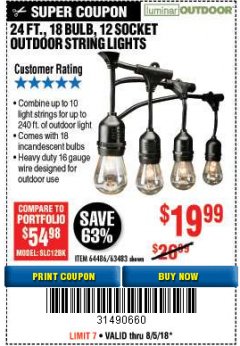 Harbor Freight Coupon 24 FT., 18 BULB, 12 SOCKET OUTDOOR STRING LIGHTS Lot No. 64486/63843/64739 Expired: 8/5/18 - $19.99
