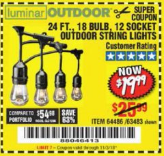 Harbor Freight Coupon 24 FT., 18 BULB, 12 SOCKET OUTDOOR STRING LIGHTS Lot No. 64486/63843/64739 Expired: 11/3/18 - $19.99