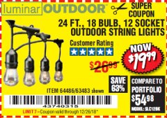 Harbor Freight Coupon 24 FT., 18 BULB, 12 SOCKET OUTDOOR STRING LIGHTS Lot No. 64486/63843/64739 Expired: 12/26/18 - $19.99