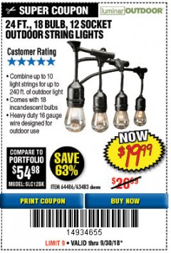 Harbor Freight Coupon 24 FT., 18 BULB, 12 SOCKET OUTDOOR STRING LIGHTS Lot No. 64486/63843/64739 Expired: 9/30/18 - $19.99