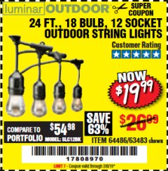 Harbor Freight Coupon 24 FT., 18 BULB, 12 SOCKET OUTDOOR STRING LIGHTS Lot No. 64486/63843/64739 Expired: 2/8/19 - $19.99