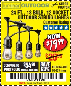 Harbor Freight Coupon 24 FT., 18 BULB, 12 SOCKET OUTDOOR STRING LIGHTS Lot No. 64486/63843/64739 Expired: 1/20/19 - $19.99
