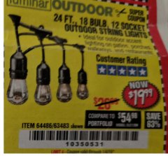 Harbor Freight Coupon 24 FT., 18 BULB, 12 SOCKET OUTDOOR STRING LIGHTS Lot No. 64486/63843/64739 Expired: 1/4/19 - $19.99