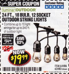 Harbor Freight Coupon 24 FT., 18 BULB, 12 SOCKET OUTDOOR STRING LIGHTS Lot No. 64486/63843/64739 Expired: 11/30/18 - $19.99