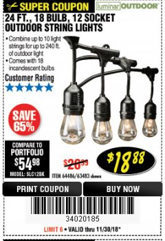 Harbor Freight Coupon 24 FT., 18 BULB, 12 SOCKET OUTDOOR STRING LIGHTS Lot No. 64486/63843/64739 Expired: 11/30/18 - $18.88