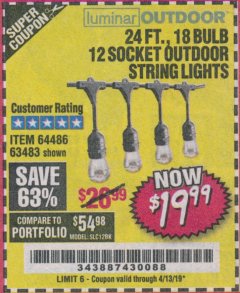 Harbor Freight Coupon 24 FT., 18 BULB, 12 SOCKET OUTDOOR STRING LIGHTS Lot No. 64486/63843/64739 Expired: 4/13/19 - $19.99