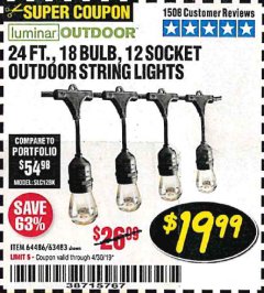 Harbor Freight Coupon 24 FT., 18 BULB, 12 SOCKET OUTDOOR STRING LIGHTS Lot No. 64486/63843/64739 Expired: 4/30/19 - $19.99