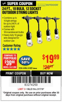Harbor Freight Coupon 24 FT., 18 BULB, 12 SOCKET OUTDOOR STRING LIGHTS Lot No. 64486/63843/64739 Expired: 3/17/19 - $19.99