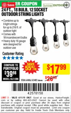 Harbor Freight Coupon 24 FT., 18 BULB, 12 SOCKET OUTDOOR STRING LIGHTS Lot No. 64486/63843/64739 Expired: 4/11/19 - $17.99