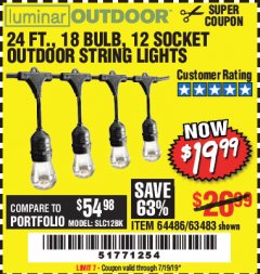 Harbor Freight Coupon 24 FT., 18 BULB, 12 SOCKET OUTDOOR STRING LIGHTS Lot No. 64486/63843/64739 Expired: 7/19/19 - $19.99