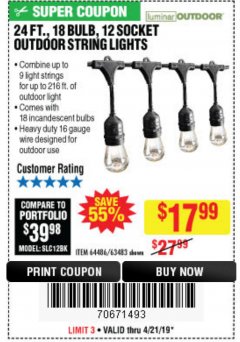 Harbor Freight Coupon 24 FT., 18 BULB, 12 SOCKET OUTDOOR STRING LIGHTS Lot No. 64486/63843/64739 Expired: 4/21/19 - $17.99