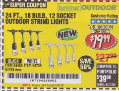 Harbor Freight Coupon 24 FT., 18 BULB, 12 SOCKET OUTDOOR STRING LIGHTS Lot No. 64486/63843/64739 Expired: 10/9/19 - $19.99