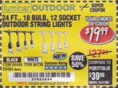 Harbor Freight Coupon 24 FT., 18 BULB, 12 SOCKET OUTDOOR STRING LIGHTS Lot No. 64486/63843/64739 Expired: 10/16/19 - $19.99