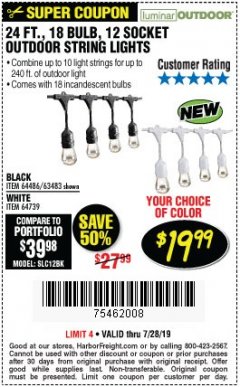 Harbor Freight Coupon 24 FT., 18 BULB, 12 SOCKET OUTDOOR STRING LIGHTS Lot No. 64486/63843/64739 Expired: 7/28/19 - $19.99