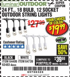 Harbor Freight Coupon 24 FT., 18 BULB, 12 SOCKET OUTDOOR STRING LIGHTS Lot No. 64486/63843/64739 Expired: 10/27/19 - $19.99