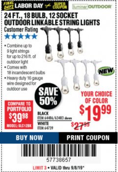 Harbor Freight Coupon 24 FT., 18 BULB, 12 SOCKET OUTDOOR STRING LIGHTS Lot No. 64486/63843/64739 Expired: 9/8/19 - $19.99