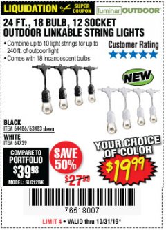 Harbor Freight Coupon 24 FT., 18 BULB, 12 SOCKET OUTDOOR STRING LIGHTS Lot No. 64486/63843/64739 Expired: 10/31/19 - $19.99