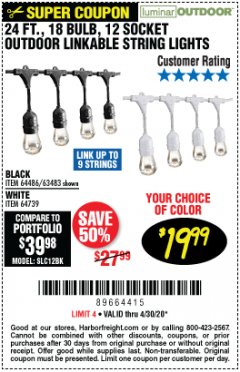Harbor Freight Coupon 24 FT., 18 BULB, 12 SOCKET OUTDOOR STRING LIGHTS Lot No. 64486/63843/64739 Expired: 6/30/20 - $19