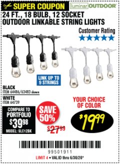 Harbor Freight Coupon 24 FT., 18 BULB, 12 SOCKET OUTDOOR STRING LIGHTS Lot No. 64486/63843/64739 Expired: 6/30/20 - $19.99
